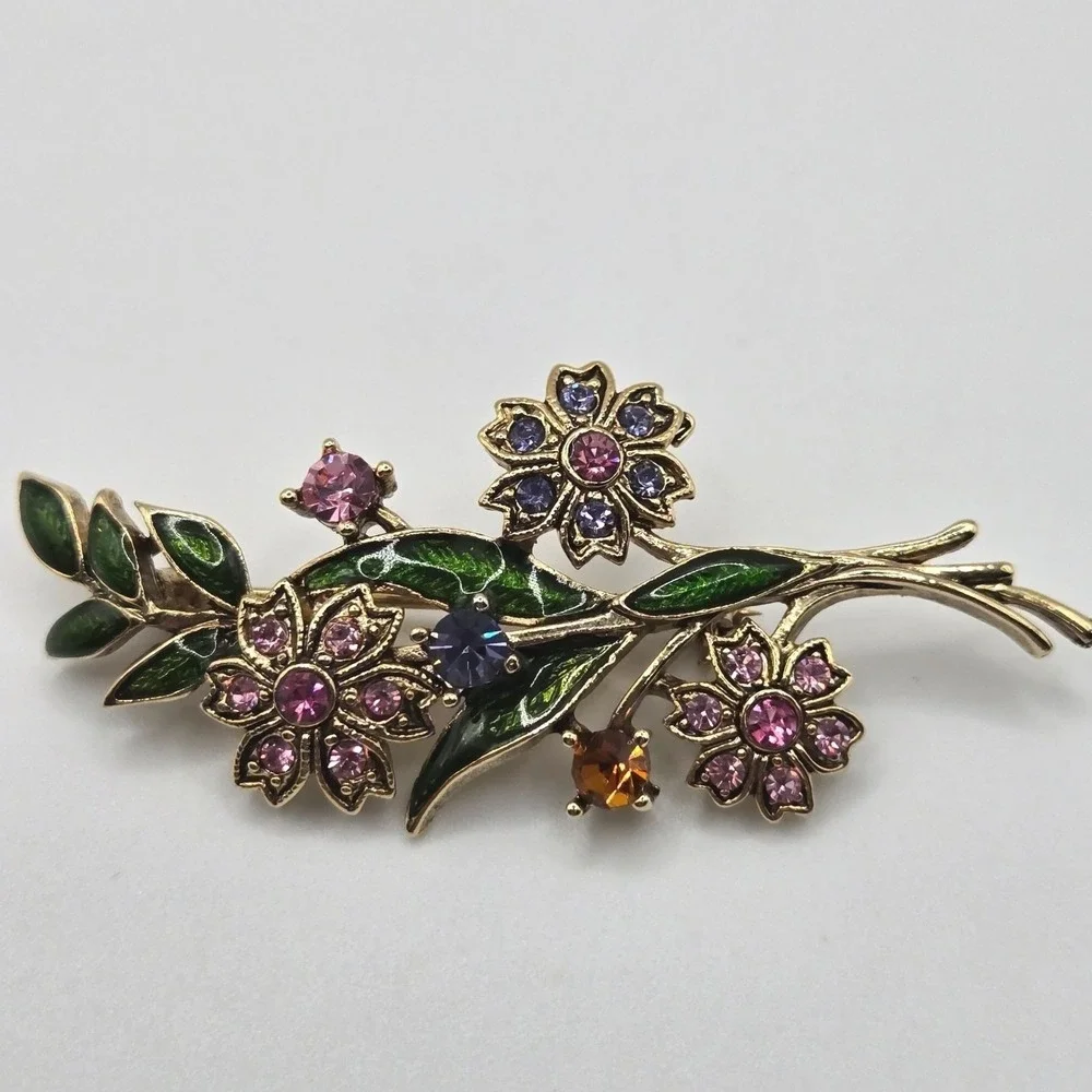 Vtg‎ Floral Brooch Gold Tone Enamel Rhinestone 2.5